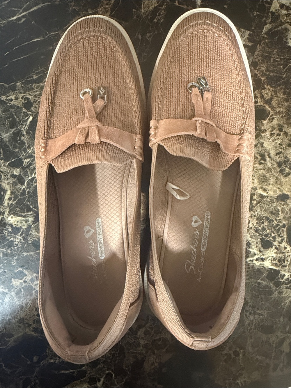 Skechers Women's Taupe Knit Slip-On Loafers with Bow Accents